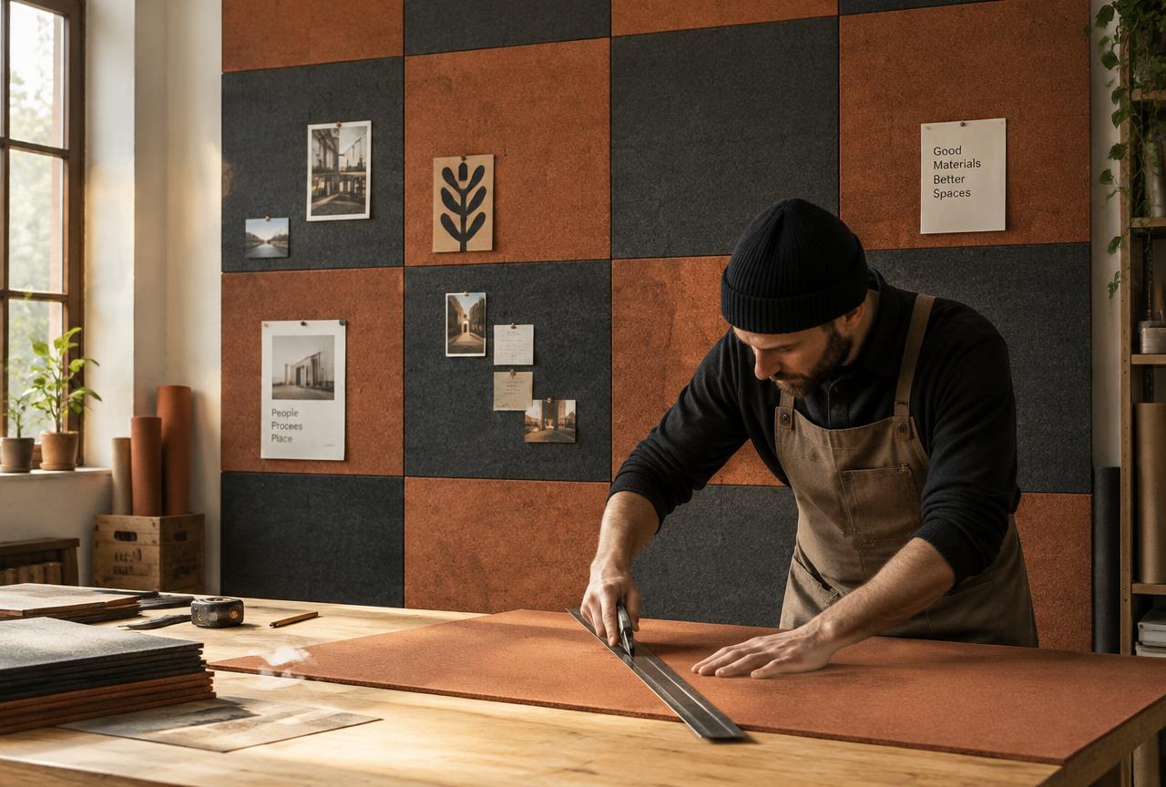 Bulletin Board linoleum being cut to size on a workshop bench